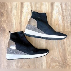Michael Kors Skyler Booties Wedge Sneakers Pull-on Black Stretchy Silver Sz 7